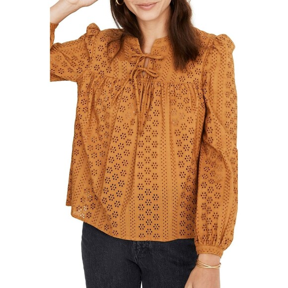 Madewell Tops - Madewell Fall Pumpkin Brown Eyelet 100% Cotton Blouse Top Small